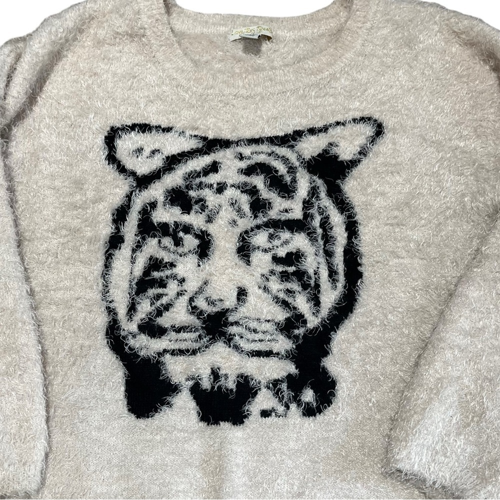 Love by Design Eyelash Knit Fuzzy Cozy Tiger Face Sweater Beige/Black Sz 2X - Picture 3 of 9